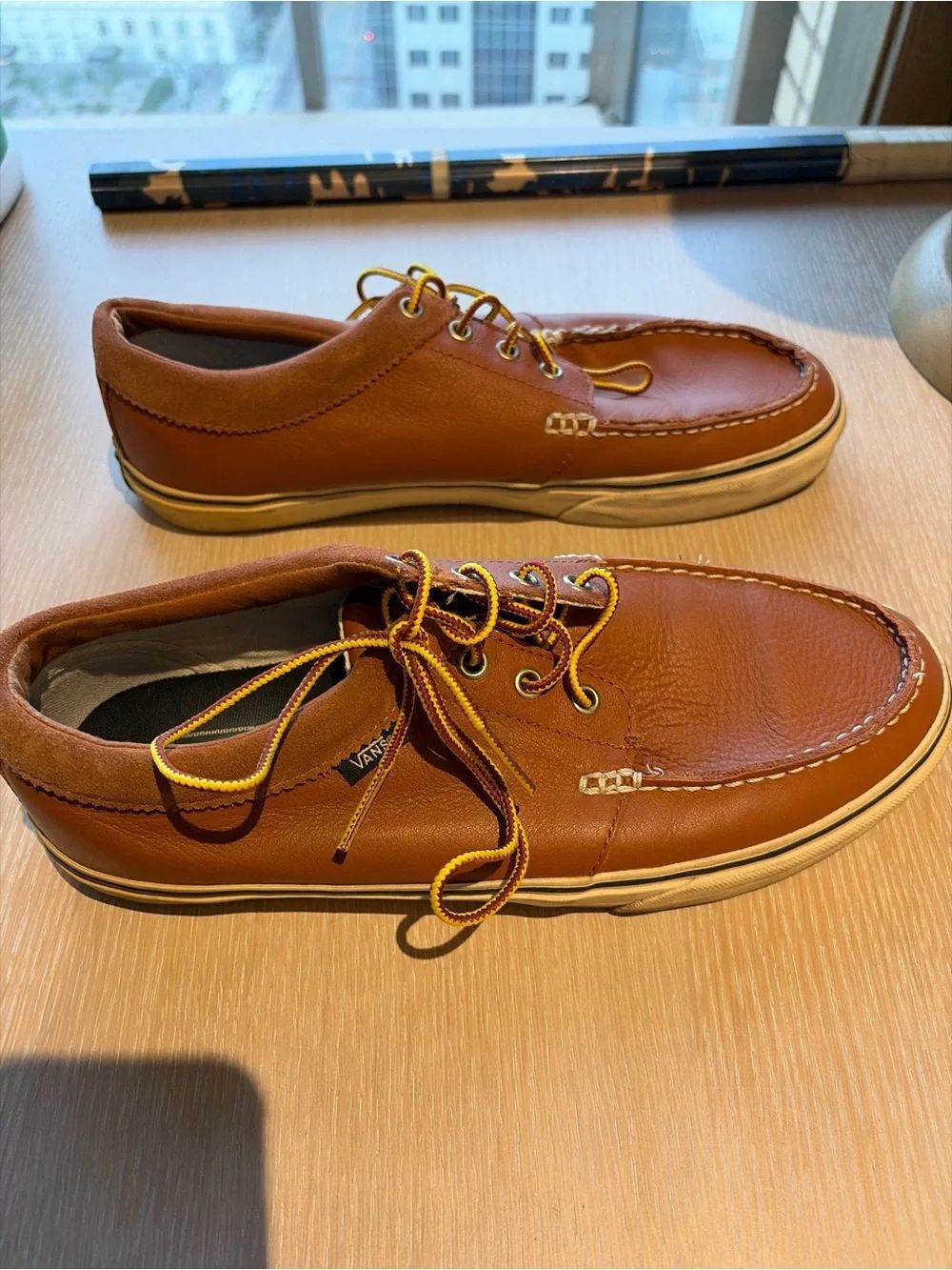 Vans Men’s Brown Leather Boat Shoes with Yellow Accents